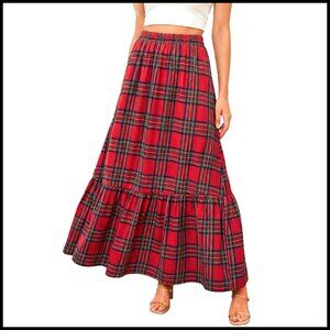 Plaid Ruffled Maxi Skirt High-Rise Waist A-Line Long Skirt Women's